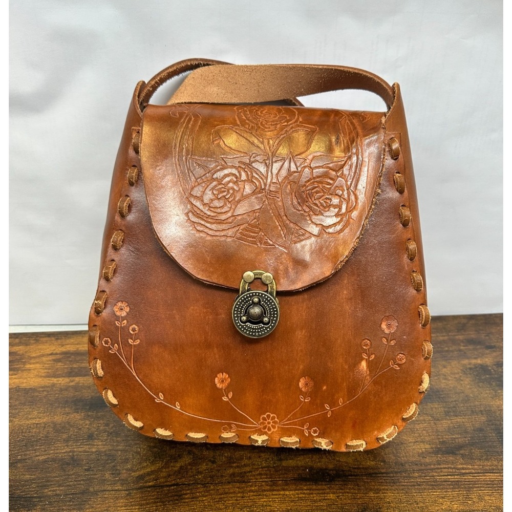 Whipstitch Tooled Leather Shoulder Bag Floral Boho Western Hippie Unbranded - Picture 2 of 16